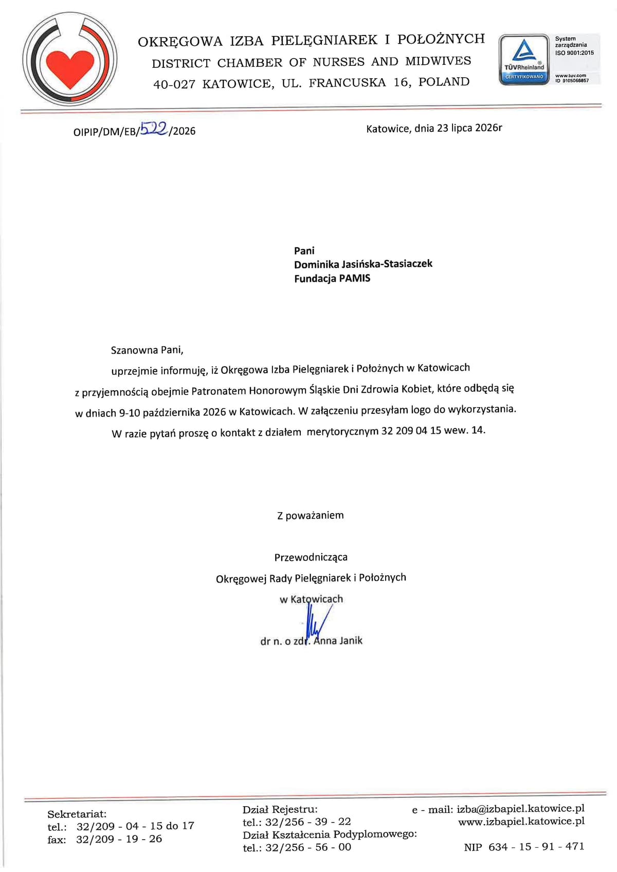 Certyfikat patronatu: Okręgowa Izba Pielęgniarek i Położnych